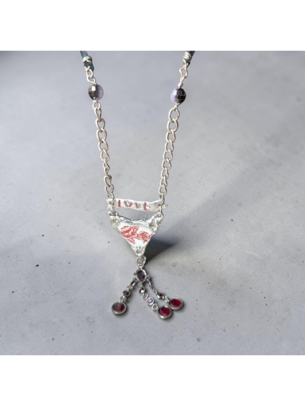 Repurposed Porcelain Love Banner Necklace - Vintage Garnet Tassel - Silver Chain - Picture 4 of 15